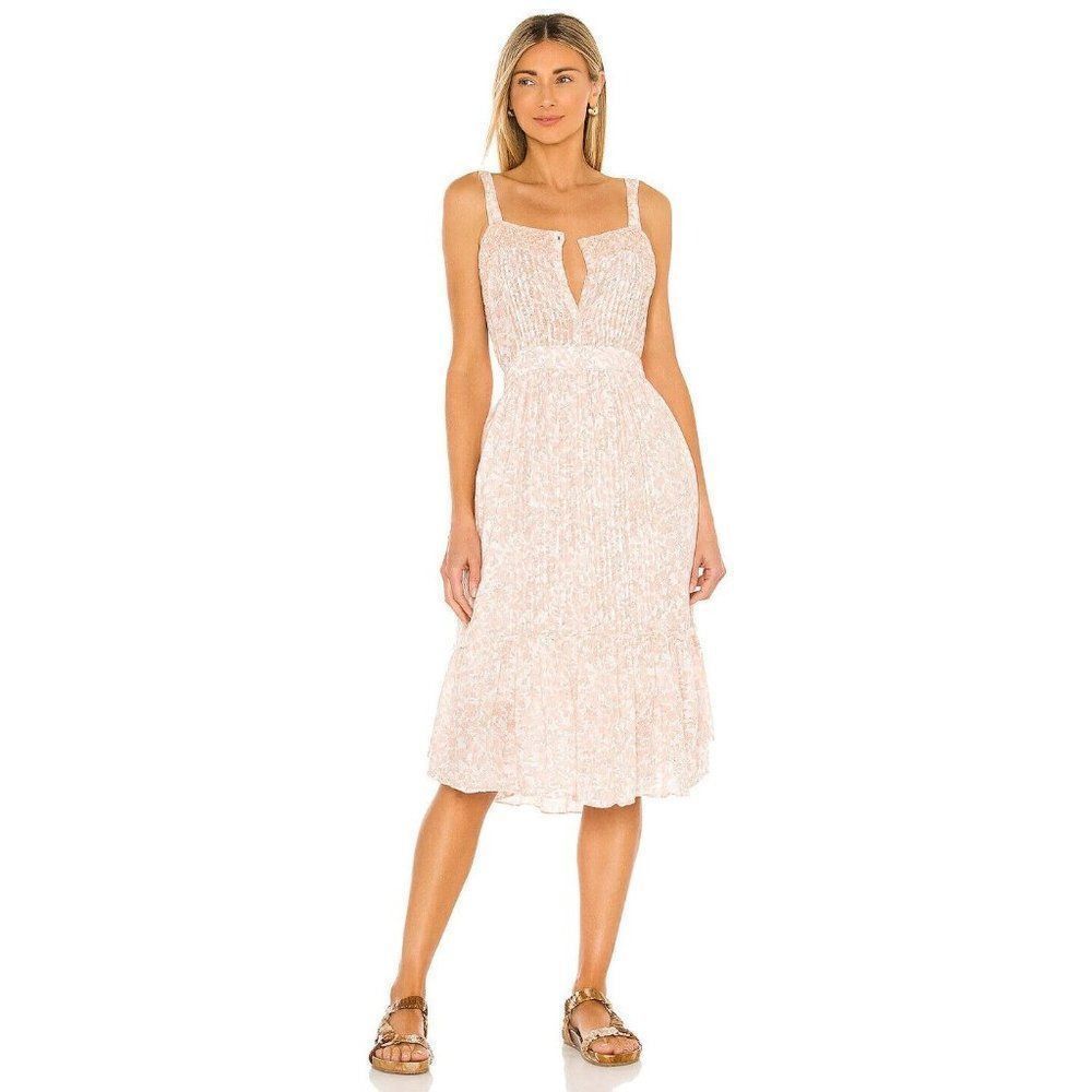 LoveShackFancy Floral Cotton Gauze Tove Midi Dress Size 12 Vanilla Foam Button